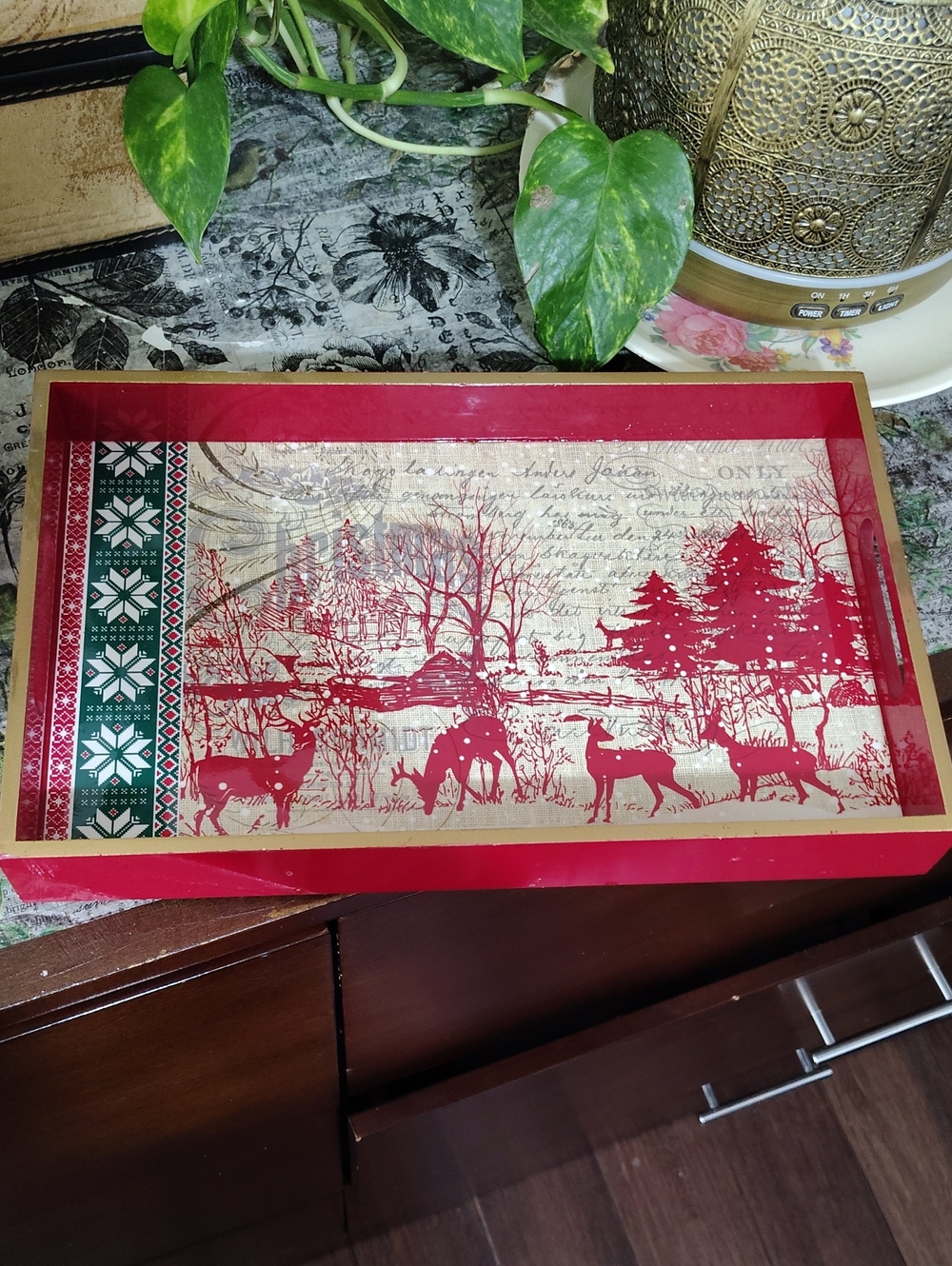 Michel Design Works Wooden Holiday Deer Serving Tray - Red & Green